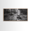Forest Trail, Stone Marker, Ancient Symbol, Misty Pathway, Framed Canvas Print, cabin decor, woodland art, Autumn wall print, rustic charm