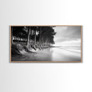 Pine Trees, Sandy Beach, Coastal Serenity, Driftwood Shore, Framed Canvas Print, neutral wall art, coastal rustic style, entryway landscape