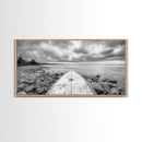 Surfboard, Rocky Shore, Cloudy Sea, Coastal Adventure, Beach Aesthetic, Canvas Print, Minimalist Ocean Art, Nautical Wall Decor, Bathroom Wall Art