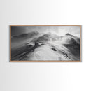Snowy Peak, Windy Mountain, Winter Landscape, Framed Canvas Print, Black and White Art, Cabin Wall Decor, Moody Alpine Art, Rustic Wall Art
