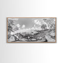 Rocky Cove, Tranquil Bay, Forest Edge, Panoramic Beach, Framed Canvas Print, Nature Art, Bathroom Wall Decor, Earthy Coastal View