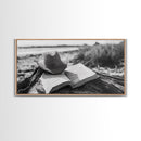 Open Book, Cowboy Hat, Driftwood Beach, Peaceful Shore, Canvas Print, Western Boho Art, Reading Nook Wall Decor, Fall Vibes, Office Wall Decor