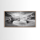 Mirror Lake, Rocky Terrain, Tranquil Waters, Framed Canvas Print, Meditation Room Art, Nature Reflection, Earthy Tones, Spa Decor
