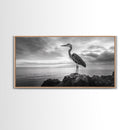Heron Bird, Ocean Rock, Serene Wildlife, Canvas Print, Coastal Wall Art, Modern Farmhouse Decor, Minimalist Animal Scene