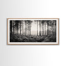 Forest Light Scene, Tall Trees Shadows, Nature Mist Pathway, Framed Canvas Print, Woodland Bedroom Art, Boho Rustic Wall Decor