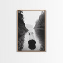 Driftwood Log, River Pass, Nature Silence, Misty Gorge, Framed Canvas Print, Office Wall Art, Modern Nature Decor, Moody Forest Style