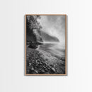Foggy Coast, Moody Shore, Tranquil Pebbles, Forest Water, Framed Canvas Print, Bathroom Wall Art, Nature Photography Style, Calm Retreat Decor