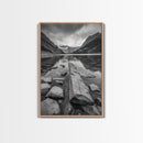 Mountain Lake Log, Alpine Serenity Scene, Tranquil Rock Shore, Canvas Print, Bedroom Wall Art, Nature Retreat, Minimalist Landscape