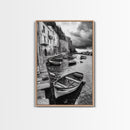 Coastal Village, Fishing Boats, Mediterranean Harbor, Seaside Charm, Framed Canvas Print, Nautical Kitchen Wall Art, Fall Decor Accent