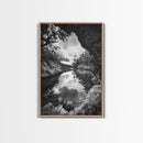 Serene River Reflection, Cave View, Monochrome Nature, Framed Canvas Print, Living Room Wall Art, Tranquil Landscape, Minimalist Decor