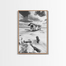 Frozen Cabin Scene, Snowy Landscape, Winter Monochrome, Canvas Print, Cabin Wall Art, Rustic Winter Decor, Nature Photography
