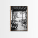 Rustic Porch View, Cabin Serenity, Lakefront Rocking Chairs, Framed Canvas Print, Farmhouse Wall Art, Living Room Decor, Fall Home Style