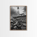 Lighthouse Shore Rocks, Coastal Beacon, Moody Clouds, Framed Canvas Print, Nautical Wall Art, Rustic Beach House Decor, Fall Storm Style