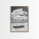 Beach Umbrella, Sunny Escape, Coastal Cloudscape, Framed Canvas Print, Summer Vibe Wall Art, Outdoor Living Decor, Travel Mood