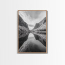 Fjord Reflection, Mountain Valley Calm, Mirror Lake, Canvas Print, Hallway Wall Art, Scandinavian Style Art, Black and White Minimalist
