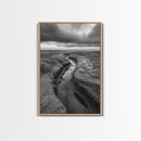 Winding Stream, Grassy Dunes, Ocean Horizon, Canvas Print, Kitchen Wall Art, Black and White Nature Scene, Coastal Rustic Decor