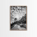 Mediterranean Villa, Palm Tree Art, Coastal Pathway, Framed Canvas Print, Living Room Decor, Summer Wall Art, Black and White Photography