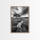 Solitary Tree, Storm Sky, Tranquil Meadow, Nature Landscape, Framed Canvas Print, Rustic Decor, Fall Wall Art, Bedroom Minimalist Art