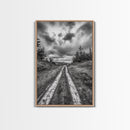 Forest Trail, Overcast Sky, Nature Pathway, Moody Landscape, Framed Canvas Print, Office Wall Art, Woodland Autumn Decor