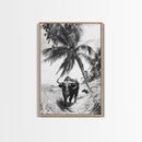 Tropical Bull, Palm Tree, Island Wildlife, Rural Photography, Framed Canvas Print, Kitchen Wall Art, Exotic Boho Decor, farmhouse decor