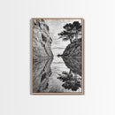 Reflected Trees, Peaceful Cove, Monochrome Seascape, Tranquil Decor, Framed Canvas Print, Zen Wall Art, Entryway Print, Coastal Calm
