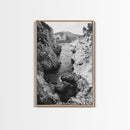 Mountain Gorge, Rugged Canyon, Flowing Stream, Wilderness Explorer, Framed Canvas Print, Cabin Wall Art, Adventurous Rustic Style