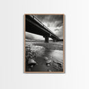 Stormy Bridge, River Rocks, Dramatic Sky, Modern Landscape, Framed Canvas Print, Moody Photography, Office Wall Art, Minimalist Decor