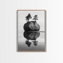 Island Reflection, Twin Trees, Still Water, Minimal Seascape, Framed Canvas Print, Bedroom Wall Art, Zen Decor, Black and White Art