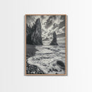 Sea Spires, Ocean Foam, Pebble Shore, Wild Coast, Framed Canvas Print, Living Room Wall Art, Dramatic Landscape, Coastal Home Decor