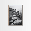 Shore Rocks, Sunlit Ocean, Rugged Texture, Minimal Horizon, Framed Canvas Print, Entryway Wall Art, Beach Decor, Neutral Tones
