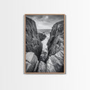 Ocean Cliff Pass, Rugged Coastal Rocks, Nature Power, Monochrome Framed Canvas Print, Moody Bathroom or Masculine Office Art