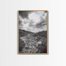 Sandy Trail, Ocean Path, Windy Grass, Moody Sky, Framed Canvas Print, coastal nature photography, hallway decor, rustic neutral art