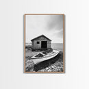 Shore Cabin, Rowboat Rest, Coastal Cabin, Serene Shoreline, Canvas Print, Lake House Wall Art, Rustic Decor, Living Room Seaside Art