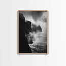 Stormy Cliffs, Ocean Fog, Monochrome Coast, Wild Nature Framed Canvas Print, moody wall art, rustic living room decor, dark aesthetic