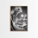 Wave Photography, Surfer Dream, Sea Curl Motion, Framed Canvas Print, Coastal Wall Art, Beach House Decor, Monochrome Ocean Style