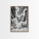 Ocean Splash, Cliff Waves, Nature Power, Dramatic Seascape, Framed Canvas Print, Living Room Statement, Black and White Wall Art