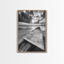 Map On Beach, Travel Adventure Art, Wanderlust Decor, Coastal Office Style, Framed Canvas Print, Explorer Aesthetic, Black White Scene