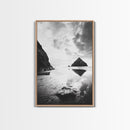 Remote beach reflection, lone hiker wanderlust, coastal rockscape, black white dreamscape, Framed Canvas Print, living room moody decor