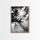 Tropical Sunset Beach, Palms and Waves, Cloudy Skies, Island Vibes, Framed Canvas Print, Coastal Wall Art, Beach House Decor