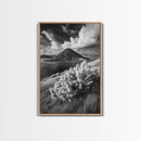 Majestic Volcano, Wild Grass, Black and White, Framed Canvas Print, Nature Photography, Office Decor, Moody Art, Rustic Wall Art