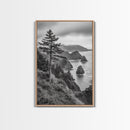 Oregon Coastline View, Misty Cliffs, Evergreen Forest, Coastal Vibes, Framed Canvas Print, Rustic Cabin Art, Living Room Wall Decor