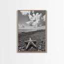 Starfish on Shore, Rocky Beach Scene, Cloudy Sky Horizon, Ocean Calm, Framed Canvas Print, Coastal Art, Bathroom Wall Decor