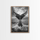Whale Tail Splash, Ocean Sunset, Marine Majesty, Powerful Moment, Framed Canvas Print, Nautical Art, Coastal Living Room Decor