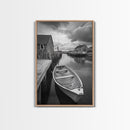 Docked Rowboat Scene, Calm Harbor, Coastal Village, Still Waters, Framed Canvas Print, Seaside Art, Beach House Wall Decor