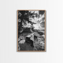 Tent, Beach, Sunset, Trees - Rustic camping coastal escape vibe, Framed Canvas Print, ideal bedroom or adventure nursery decor, outdoor art
