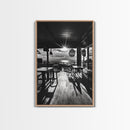 Ocean, Deck, Sunset, Rays - Golden hour beach bar shadows, Canvas Print, perfect dining room or kitchen wall art, rustic coastal decor