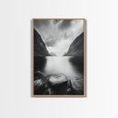 Mountain Lake, Nordic Fjord, Moody Water, Framed Canvas Print, Minimalist Wall Art, Serene Living Room Decor, Monochrome Nature Scene