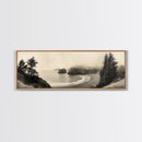 Misty Bay, Forested Coast, Moody Landscape, Serene Shoreline, Framed Canvas Print, Coastal Wall Art, Bedroom Decor, Earthy Tones