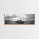 Beach Bonfire, Coastal Glow, Driftwood Fire, Ocean Calm, Framed Canvas Print, Fall Wall Art, Living Room Decor, Nature Photography Style