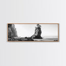 Sea Stack, Rugged Coast, Ocean Cliffside, Framed Canvas Print, Coastal landscape, Nature photography, Office wall art, Monochrome design